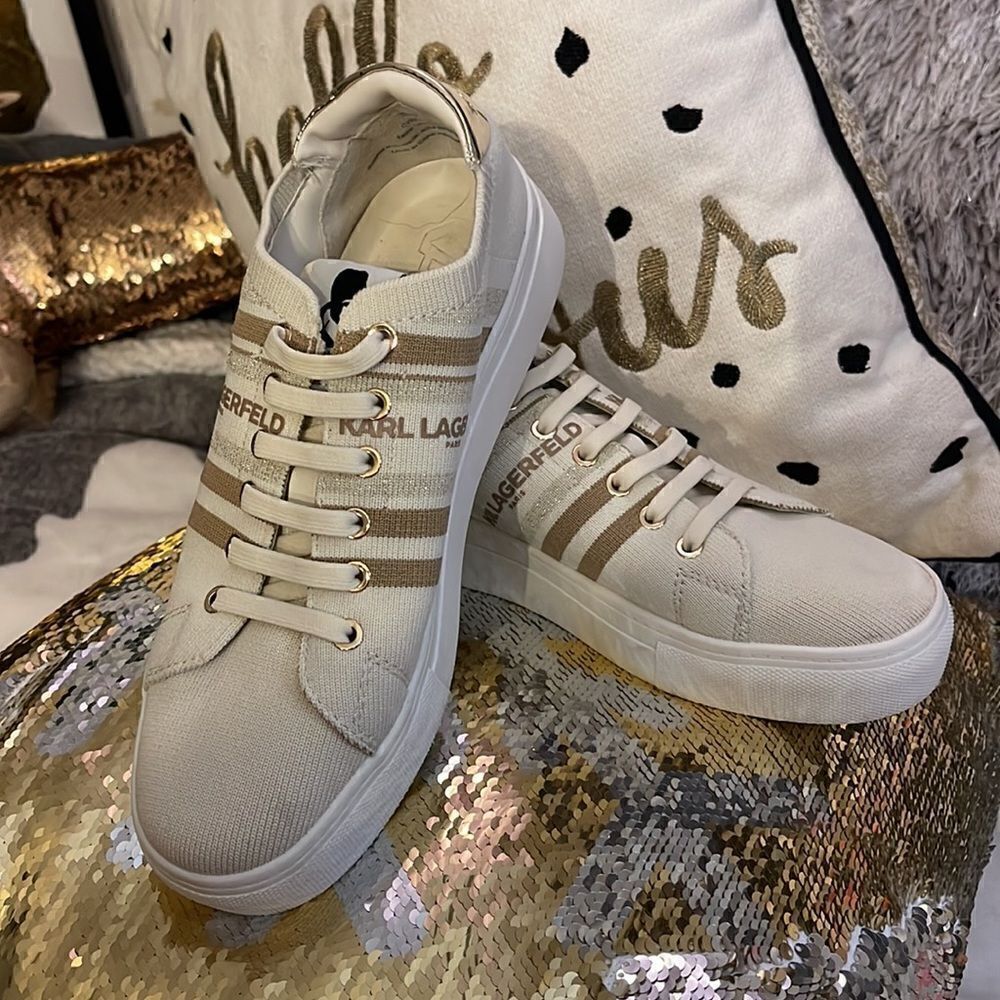 Karl lagerfield cyrilla white tan ecru knit sneakers 7m - Picture 6 of 8